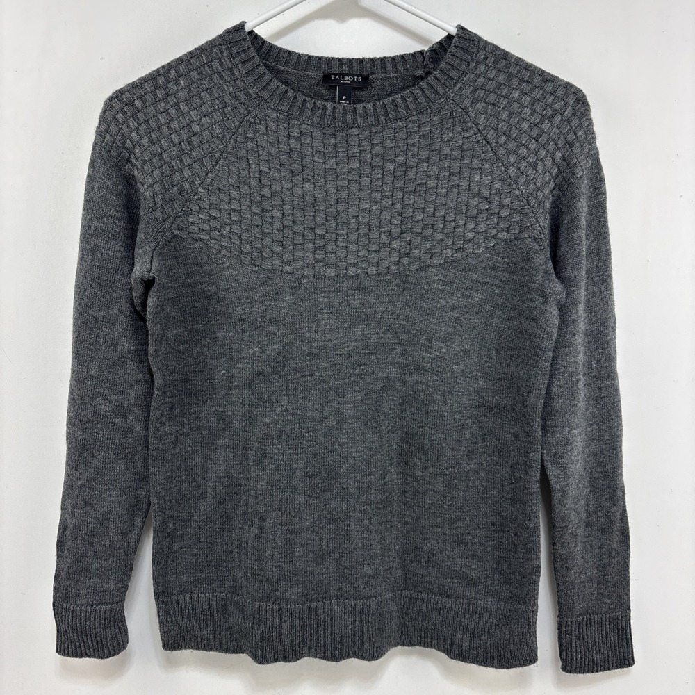 Talbots Petites Womens Gray Sweater‎ Lambswool Blend Knit Textured Yoke Size PS